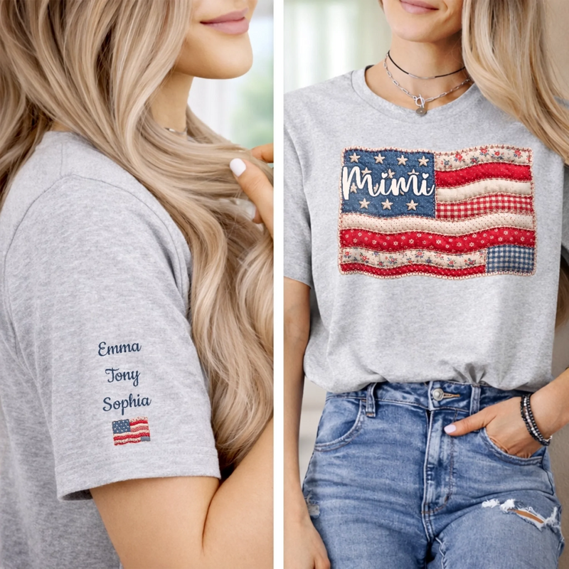 Personalized Unisex T-Shirt With Design On Sleeve – 4th Of July Gifts For Mom, Grandma – American Pride, Grandma's Heart