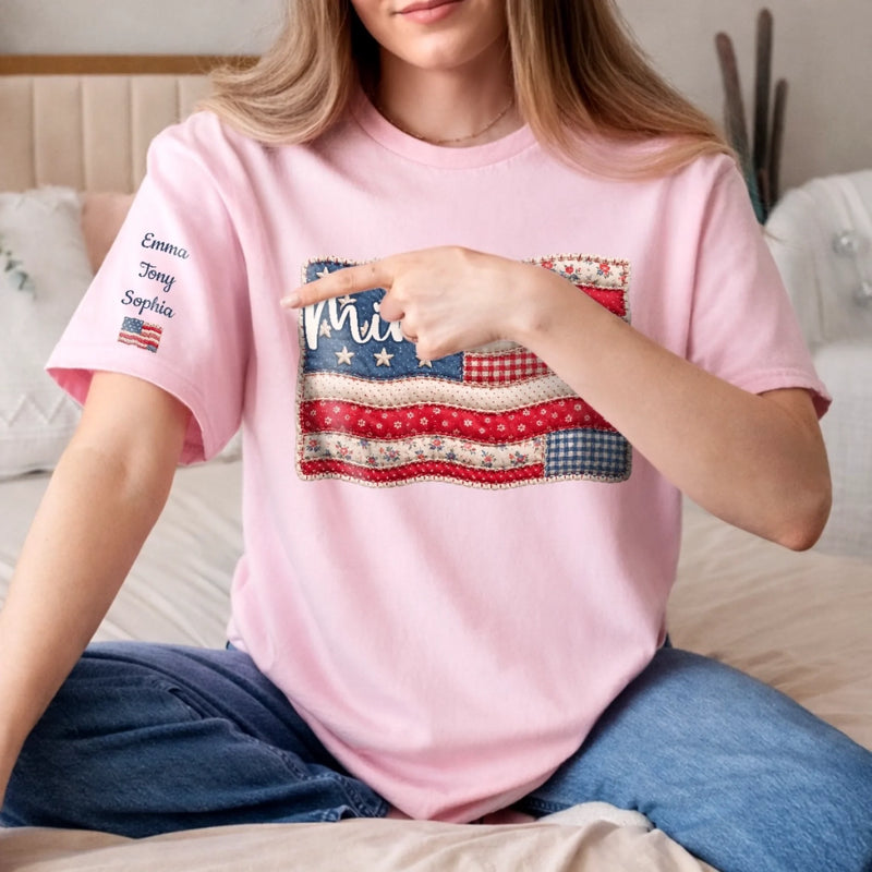 Personalized Unisex T-Shirt With Design On Sleeve – 4th Of July Gifts For Mom, Grandma – American Pride, Grandma's Heart