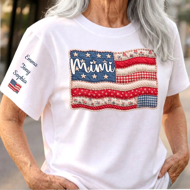 Personalized Unisex T-Shirt With Design On Sleeve – 4th Of July Gifts For Mom, Grandma – American Pride, Grandma's Heart