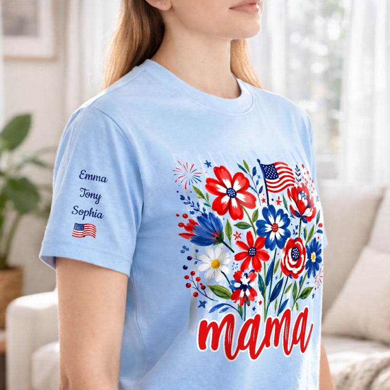 Personalized Unisex T-Shirt With Design On Sleeve – 4th Of July Gifts For Mom, Grandma – Red, White And Blooming Love