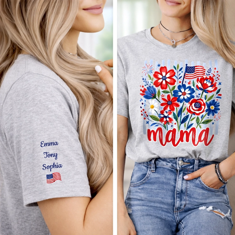 Personalized Unisex T-Shirt With Design On Sleeve – 4th Of July Gifts For Mom, Grandma – Red, White And Blooming Love