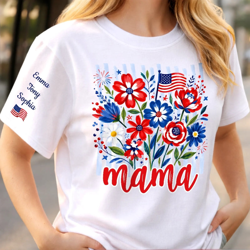 Personalized Unisex T-Shirt With Design On Sleeve – 4th Of July Gifts For Mom, Grandma – Red, White And Blooming Love