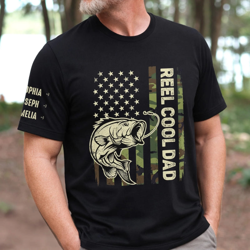 Personalized Unisex T-Shirt With Design On Sleeve – Gifts For Fisherman, Dad, Grandpa – Best Dad In The Reel World