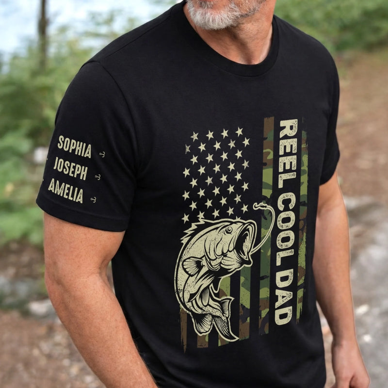 Personalized Unisex T-Shirt With Design On Sleeve – Gifts For Fisherman, Dad, Grandpa – Best Dad In The Reel World