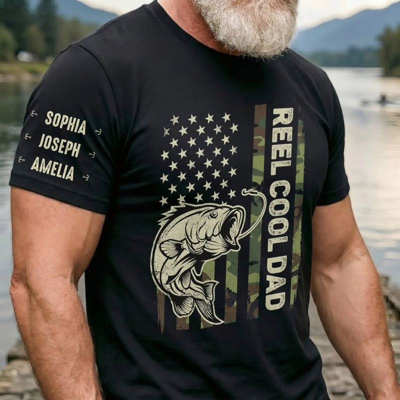 Personalized Unisex T-Shirt With Design On Sleeve – Gifts For Fisherman, Dad, Grandpa – Best Dad In The Reel World