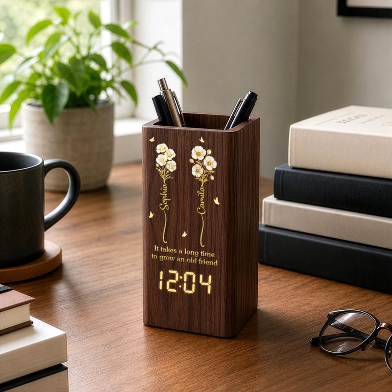 Personalized Pen Holder With Clock – Gifts For Women, Besties, Sisters, BFF – Blessed With True Sisterhood