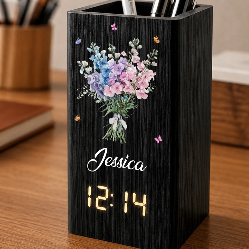 Personalized Pen Holder With Clock – Gifts For Women, Besties, Sisters, BFF – Growing Happiness Day By Day