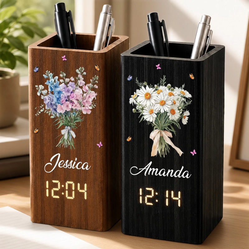 Personalized Pen Holder With Clock – Gifts For Women, Besties, Sisters, BFF – Growing Happiness Day By Day