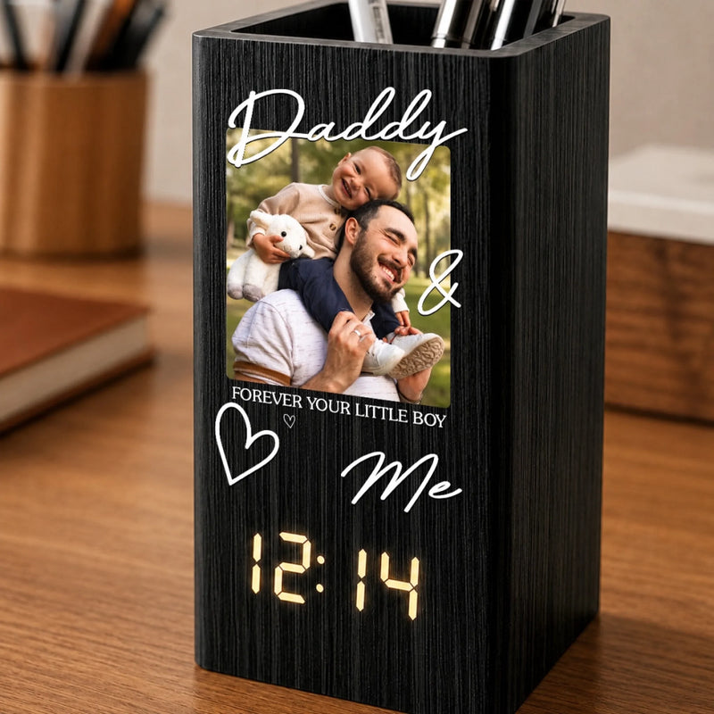 Personalized Photo Pen Holder With Clock – Gifts For Dad, Grandpa – Dad Makes Everything Better