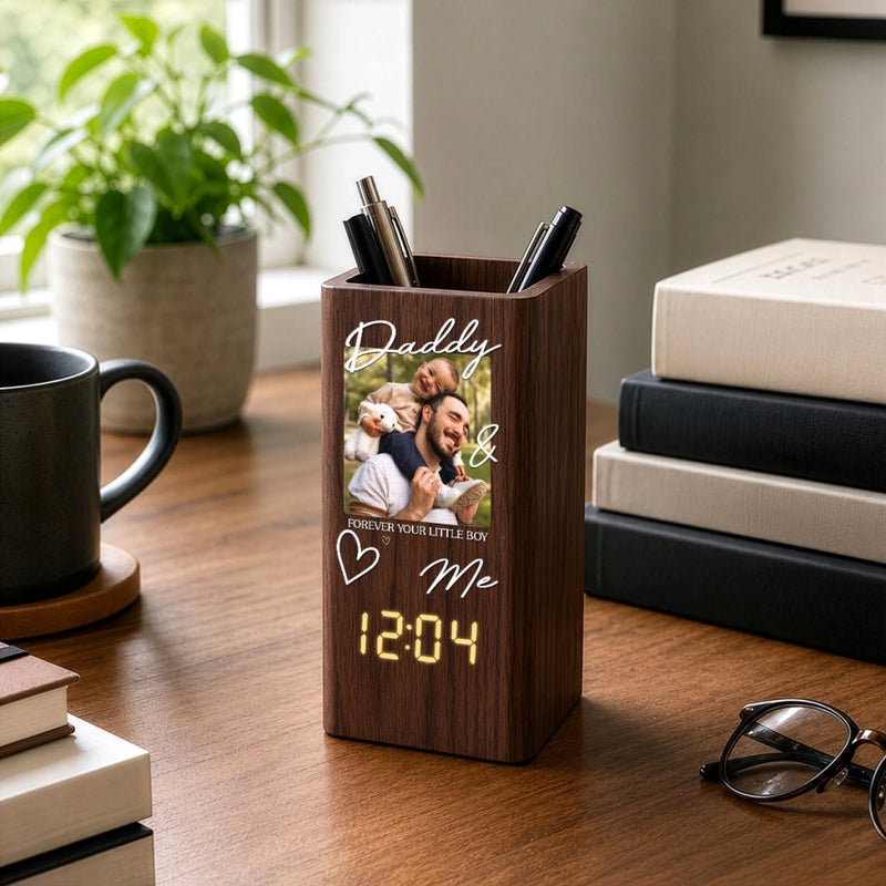 Personalized Photo Pen Holder With Clock – Gifts For Dad, Grandpa – Dad Makes Everything Better