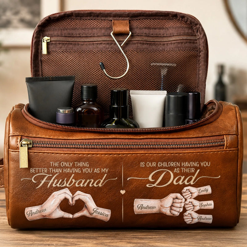 Personalized Leather Toiletry Bag - Gifts For Dad, Grandpa, Husband - Dad Makes Every Moment Better