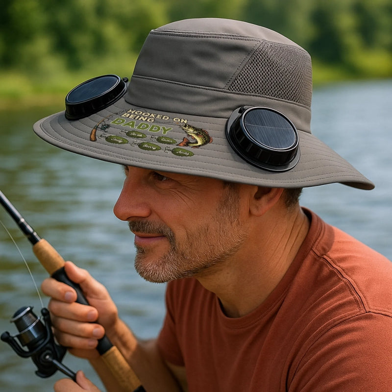 Personalized Hat With Fans Solar Power - Fishing Gifts For Fisherman, Dad, Grandpa - Hooked On Being Daddy
