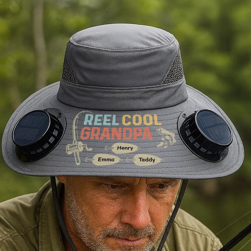 Personalized Hat With Fans Solar Power - Fishing Gifts For Fisherman, Dad, Grandpa - Reel Cool Grandpa