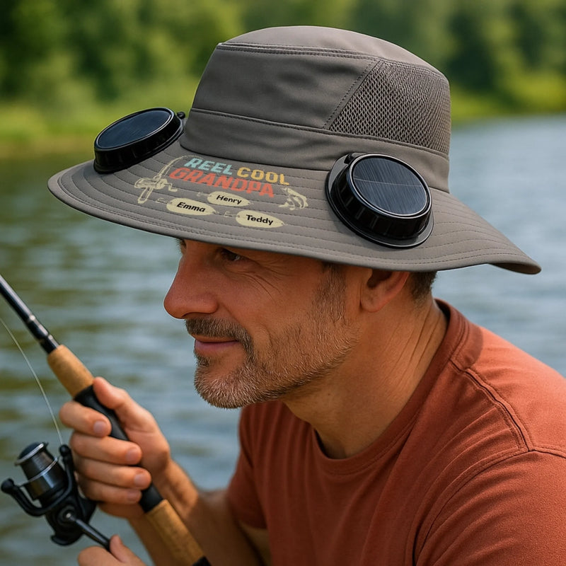 Personalized Hat With Fans Solar Power - Fishing Gifts For Fisherman, Dad, Grandpa - Reel Cool Grandpa