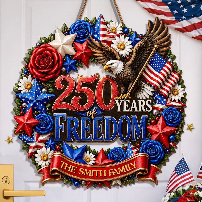 Personalized America 250th Anniversary Wood Sign - Gifts For Family Members - Home Of The Free And Brave