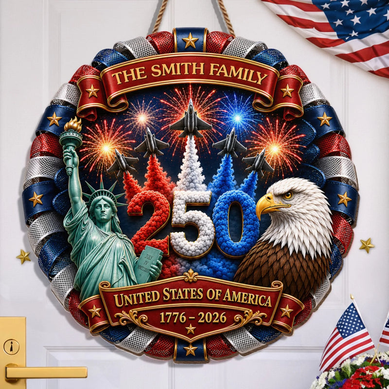 Personalized America 250th Anniversary Wood Sign - Gifts For Family Members - One Nation, One Family, One Home