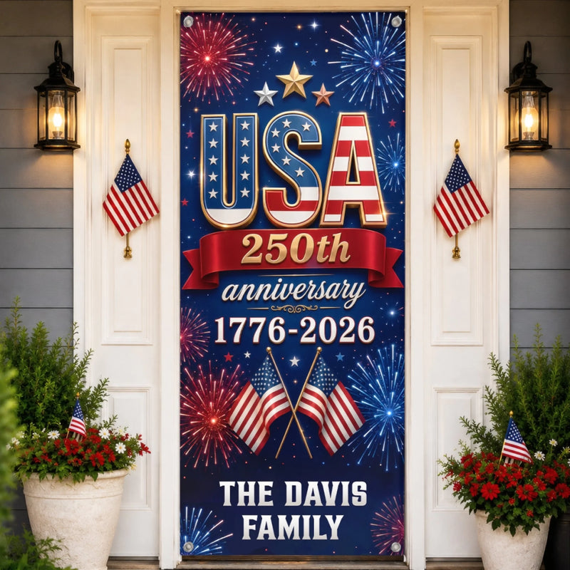 Personalized America 250th Anniversary Door Cover -  Gifts For Family Members - Stars Stripes Proud Hearts