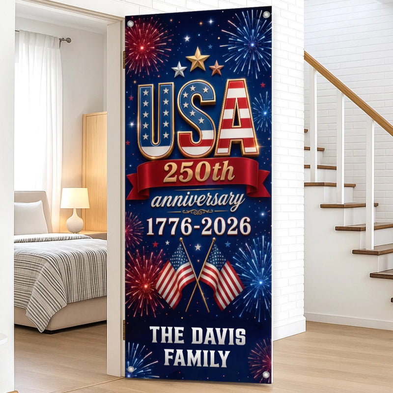 Personalized America 250th Anniversary Door Cover -  Gifts For Family Members - Stars Stripes Proud Hearts