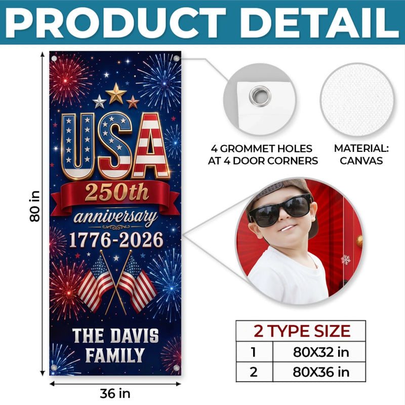 Personalized America 250th Anniversary Door Cover -  Gifts For Family Members - Stars Stripes Proud Hearts