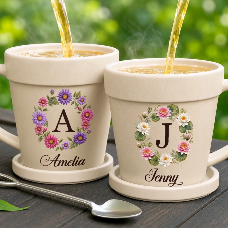 Personalized Plant Pot Ceramic Mug – Garden Gifts For Gardeners – My Name, My Blooming Wreath