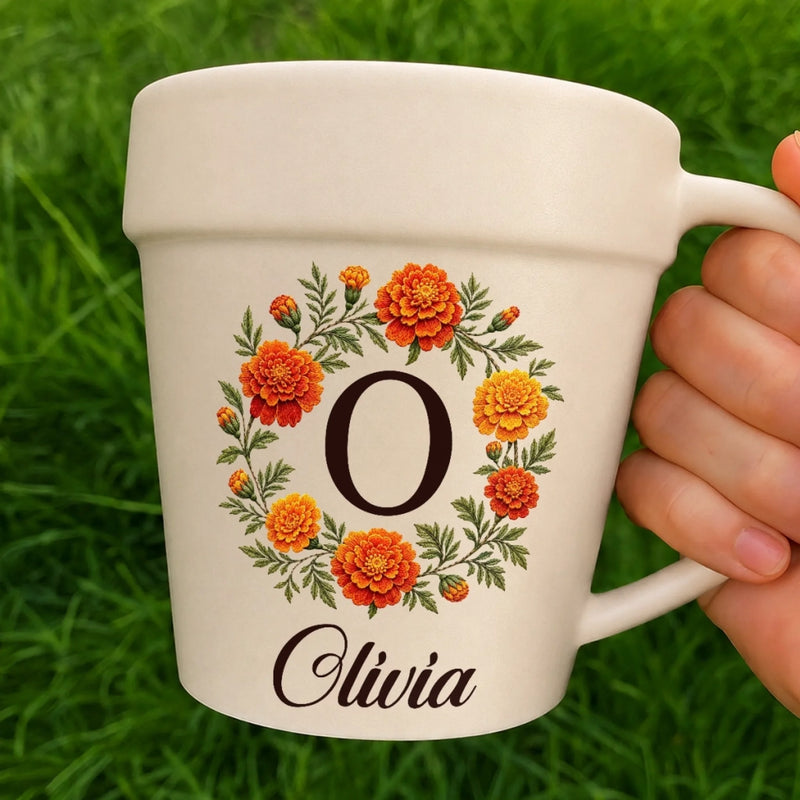 Personalized Plant Pot Ceramic Mug – Garden Gifts For Gardeners – My Name, My Blooming Wreath