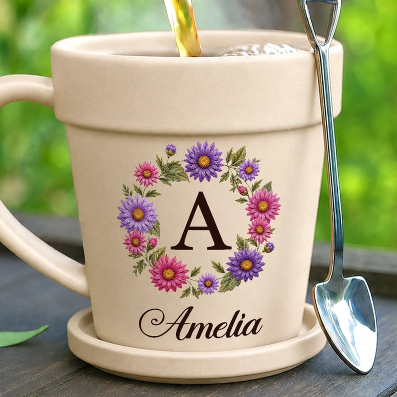 Personalized Plant Pot Ceramic Mug – Garden Gifts For Gardeners – My Name, My Blooming Wreath