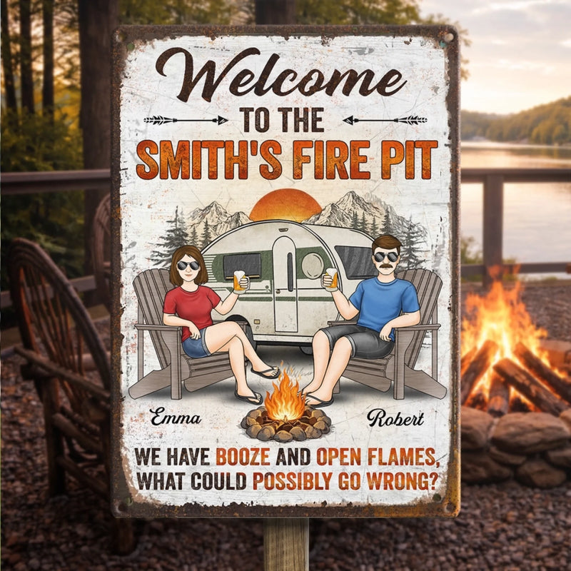 Personalized Metal Sign – Camping Gifts For Campers, Couple – Welcome To Our Fire Pit