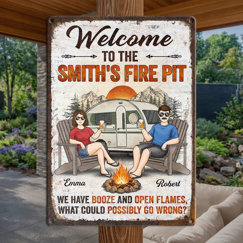 Personalized Metal Sign – Camping Gifts For Campers, Couple – Welcome To Our Fire Pit