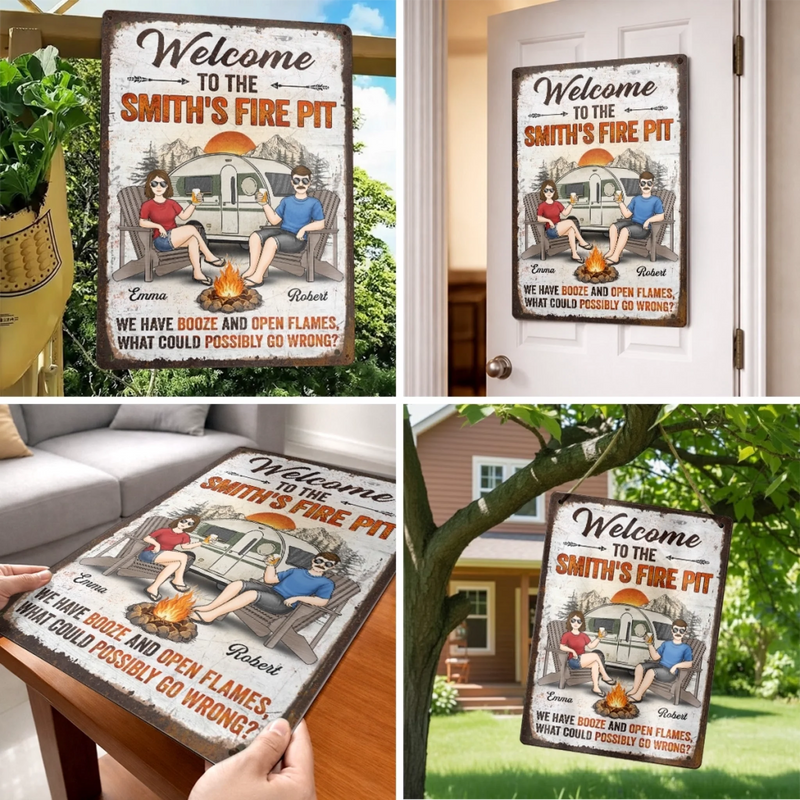 Personalized Metal Sign – Camping Gifts For Campers, Couple – Welcome To Our Fire Pit