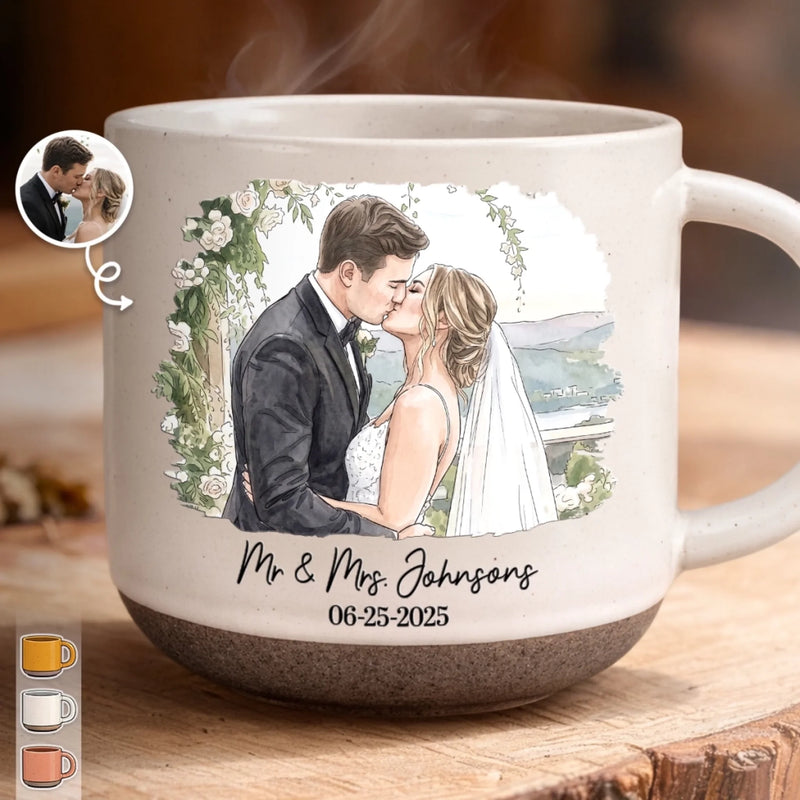 Personalized Photo Printed Pottery Mug - Gifts For Couple - First Kiss, Forever Sips