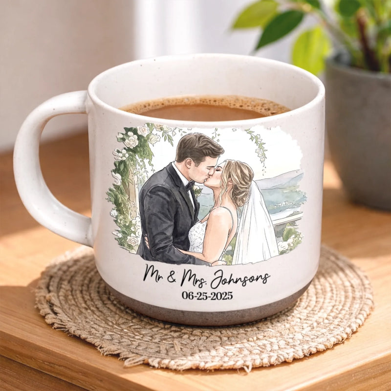 Personalized Photo Printed Pottery Mug - Gifts For Couple - First Kiss, Forever Sips