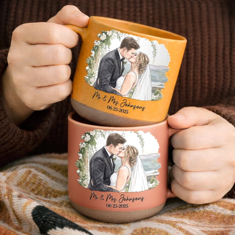 Personalized Photo Printed Pottery Mug - Gifts For Couple - First Kiss, Forever Sips