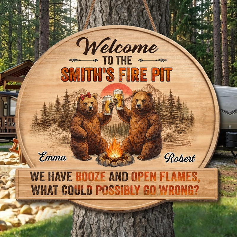 Personalized Shaped Wood Sign - Gifts For Campers, Couple - Booze And Open Flames