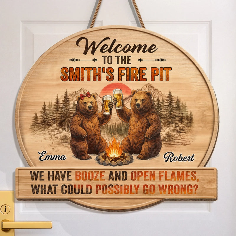 Personalized Shaped Wood Sign - Gifts For Campers, Couple - Booze And Open Flames