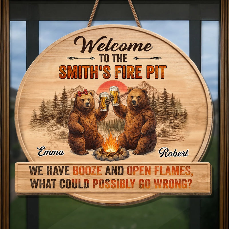 Personalized Shaped Wood Sign - Gifts For Campers, Couple - Booze And Open Flames