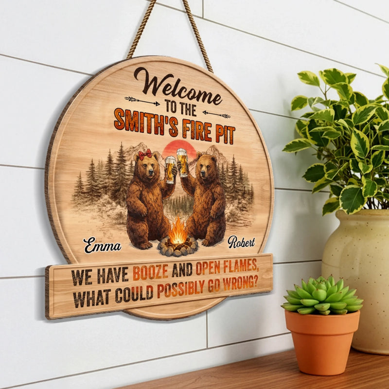 Personalized Shaped Wood Sign - Gifts For Campers, Couple - Booze And Open Flames