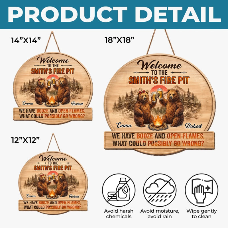 Personalized Shaped Wood Sign - Gifts For Campers, Couple - Booze And Open Flames