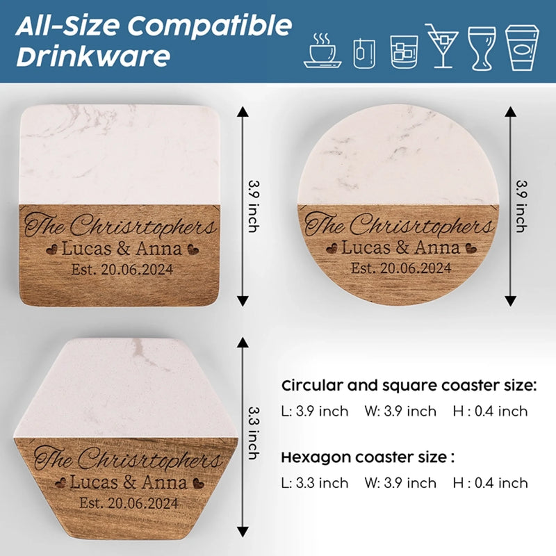 Personalized Marble Wood Coaster - Custom Anniversary Gift For Husband Wife - Everlasting Love