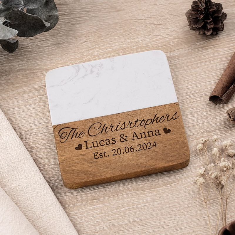 Personalized Marble Wood Coaster - Custom Anniversary Gift For Husband Wife - Everlasting Love