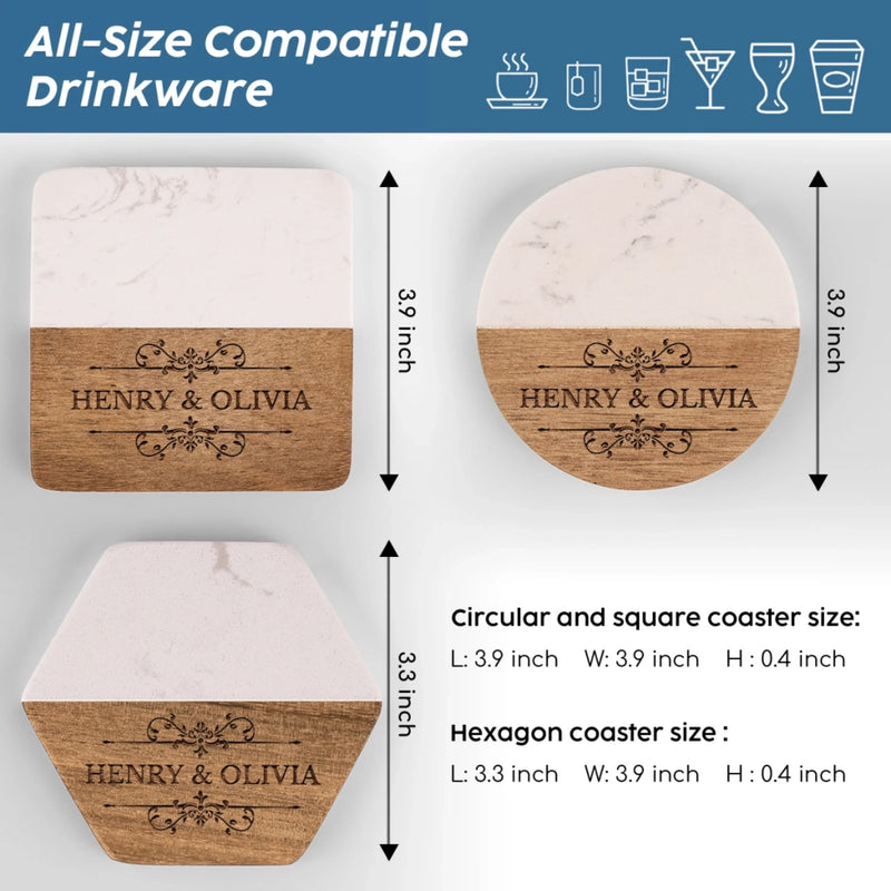 Personalized Marble Wood Coaster - Custom Anniversary Gift For Husband Wife - Our Love Story
