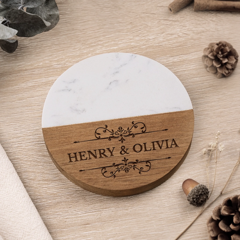 Personalized Marble Wood Coaster - Custom Anniversary Gift For Husband Wife - Our Love Story