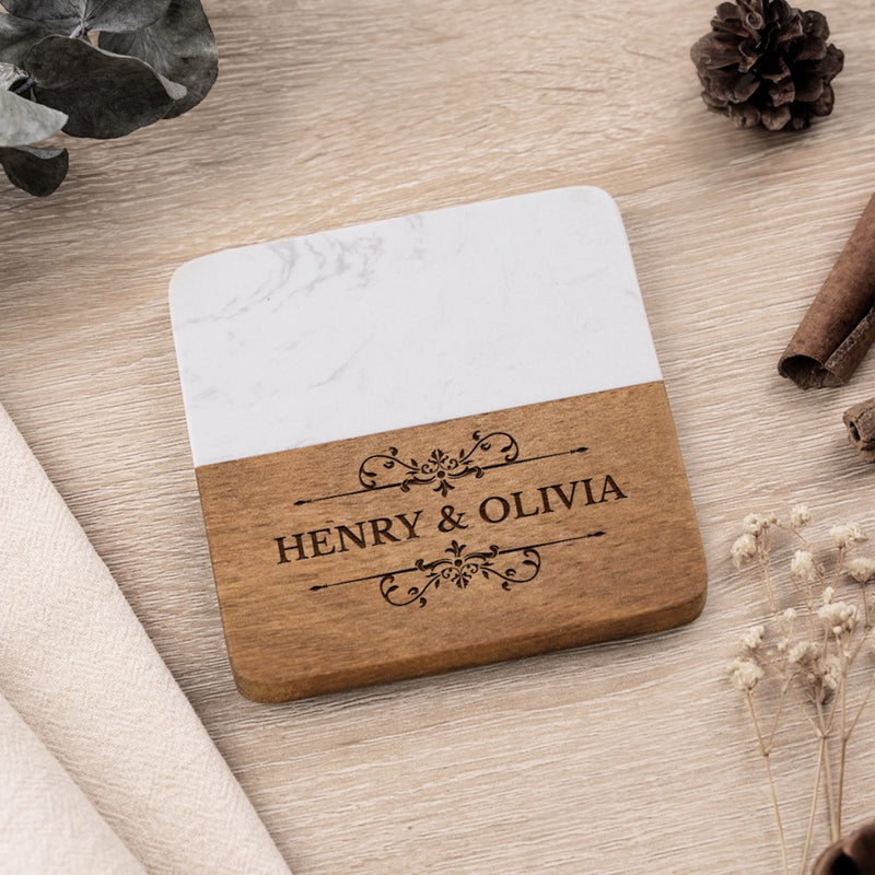 Personalized Marble Wood Coaster - Custom Anniversary Gift For Husband Wife - Our Love Story