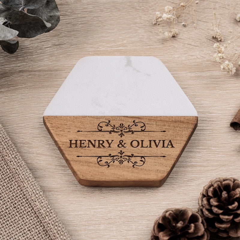 Personalized Marble Wood Coaster - Custom Anniversary Gift For Husband Wife - Our Love Story