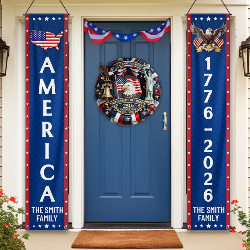Personalized America 250th Anniversary Porch Banner Set - Gifts For Family - Freedom Never Fades