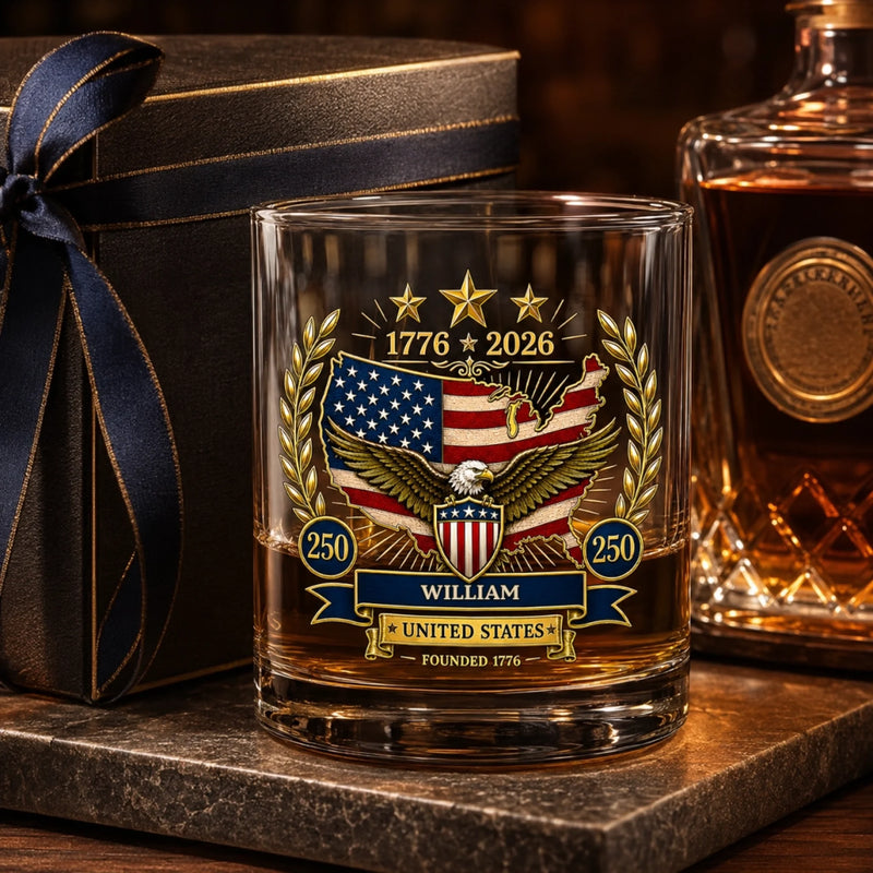 Personalized America 250th Anniversary Whiskey Glass - Gifts For Men, Women - Born From Courage, Built For Freedom
