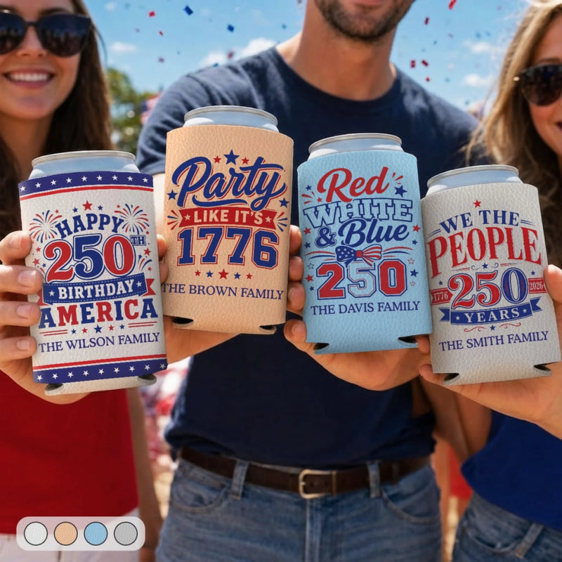Personalized America 250th Anniversary Leather Can Cooler – Gifts For Family Members – Freedom Lives Here