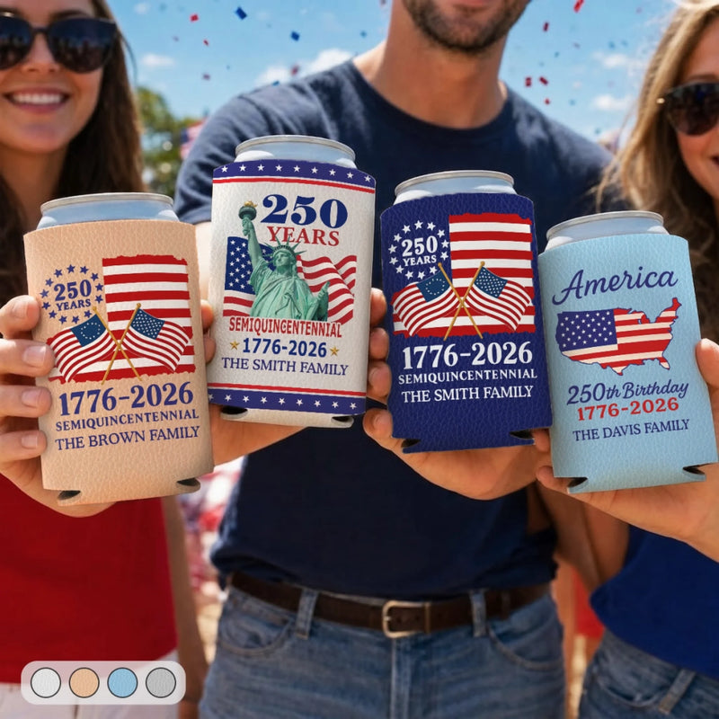 Personalized America 250th Anniversary Leather Can Cooler - Gifts For Family - Stars Stripes And Pride