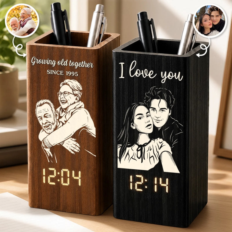 Personalized Pen Holder With Clock - Gifts For Couple - Captured Moments, Timeless Love
