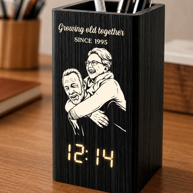 Personalized Pen Holder With Clock - Gifts For Couple - Captured Moments, Timeless Love