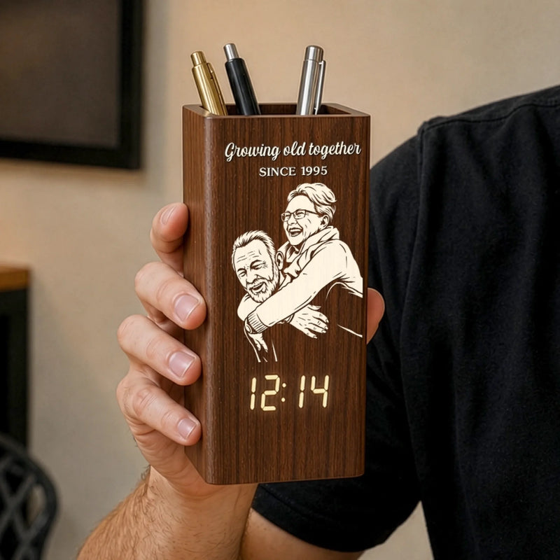 Personalized Pen Holder With Clock - Gifts For Couple - Captured Moments, Timeless Love